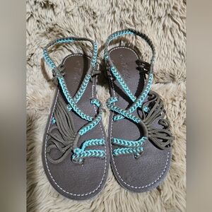 Plaka Palm Leaf & Ocean Side Flat Summer Sandals Turquoise Brown Size 8